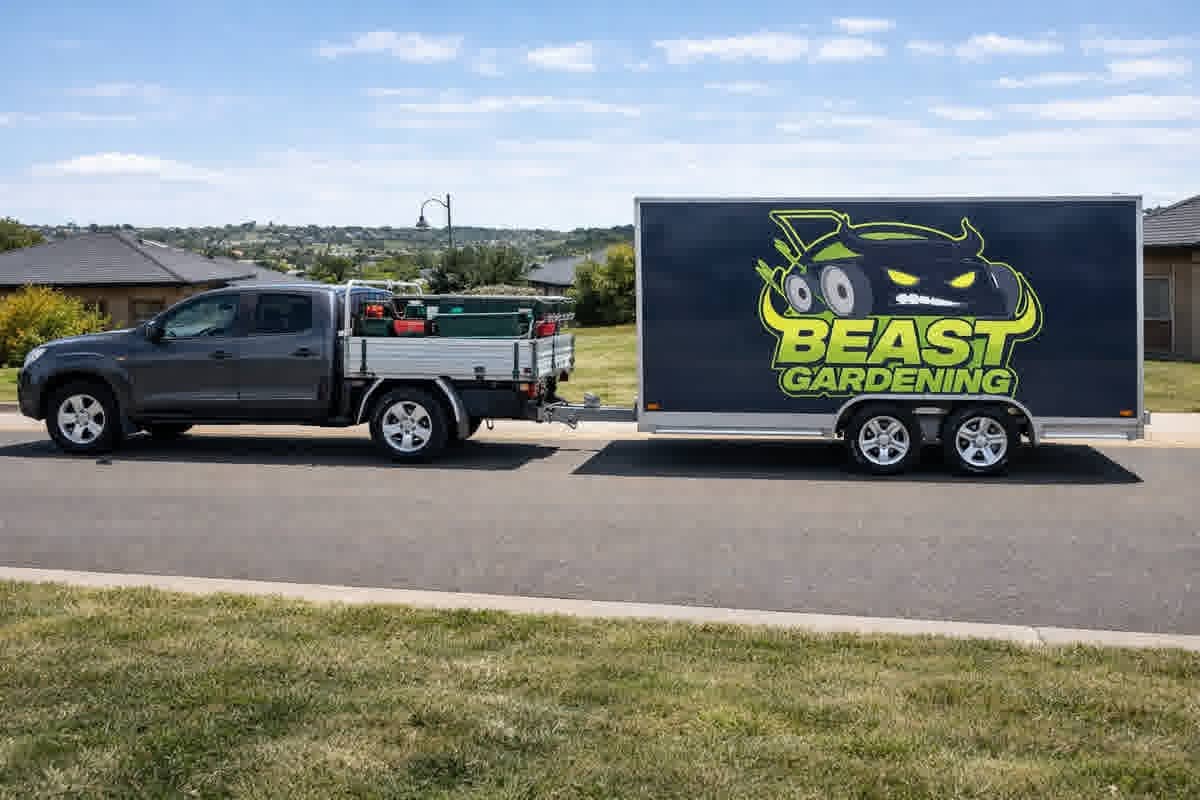 Beast Gardening lawn mowing truck and trailer servicing Bass Coast and South East Melbourne